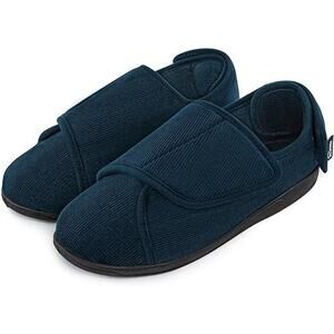 Home Top Mens Size 9 Navy Corduroy Adjustable Hook & Loop Memory Foam Slippers